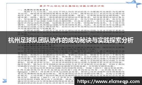 杭州足球队团队协作的成功秘诀与实践探索分析